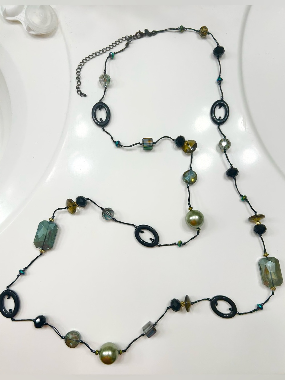 Long Green Bead and Pearl Station Necklace with Black Accents